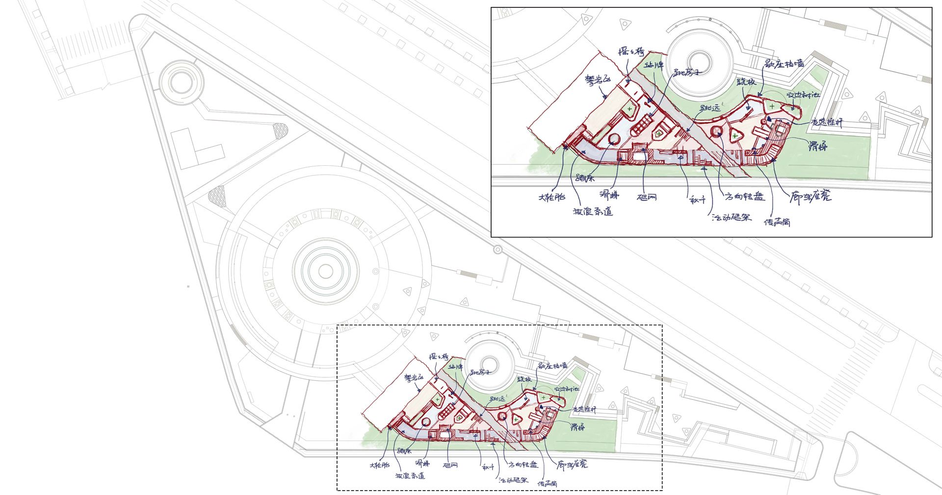 △ 三角地公园总平面图及儿童乐园区域概念过程手绘平面图 / Triangle park master plan and conceptual han ...
